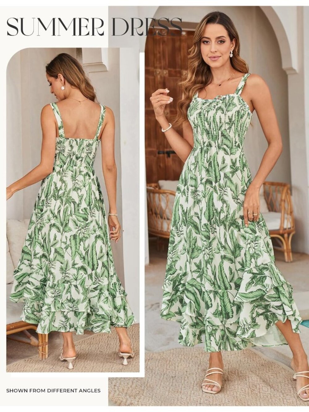 Women's Green Leaf Square Neck Strapped A LINE Floral Boho Long Maxi Dress - Picture 2 of 5